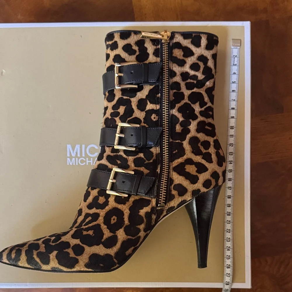 Michael Kors Leather Black and Brown Leopard Heeled Boots